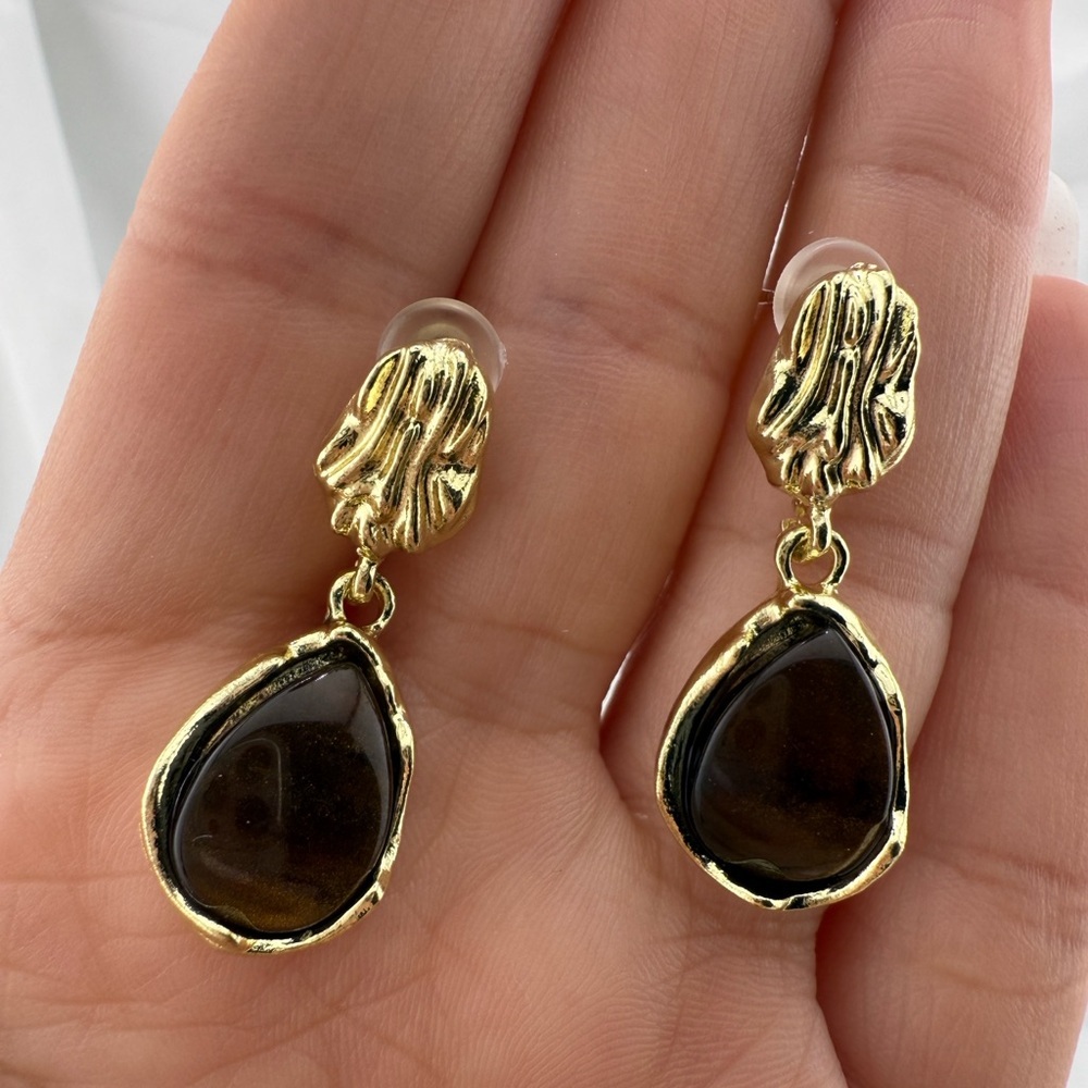 Brown Teardrop Gem Earrings –Gold Textured Statement Dangles, Retro Chic Jewelry - Picture 6 of 8